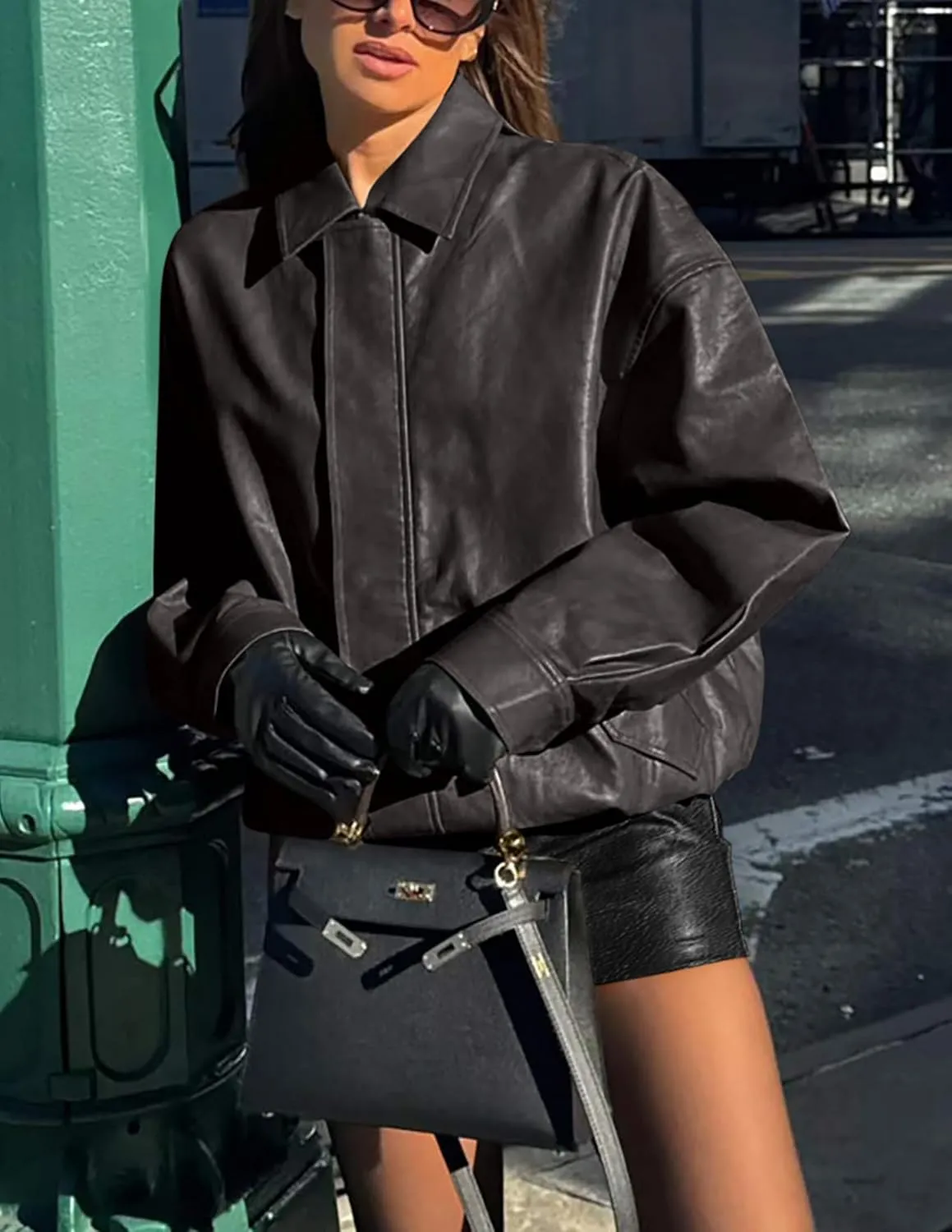 PRETTYGARDEN Women's Faux Leather Motorcycle Jacket Trendy Fall Spring Clothes Oversized Zip Up Winter Coat Outerwear