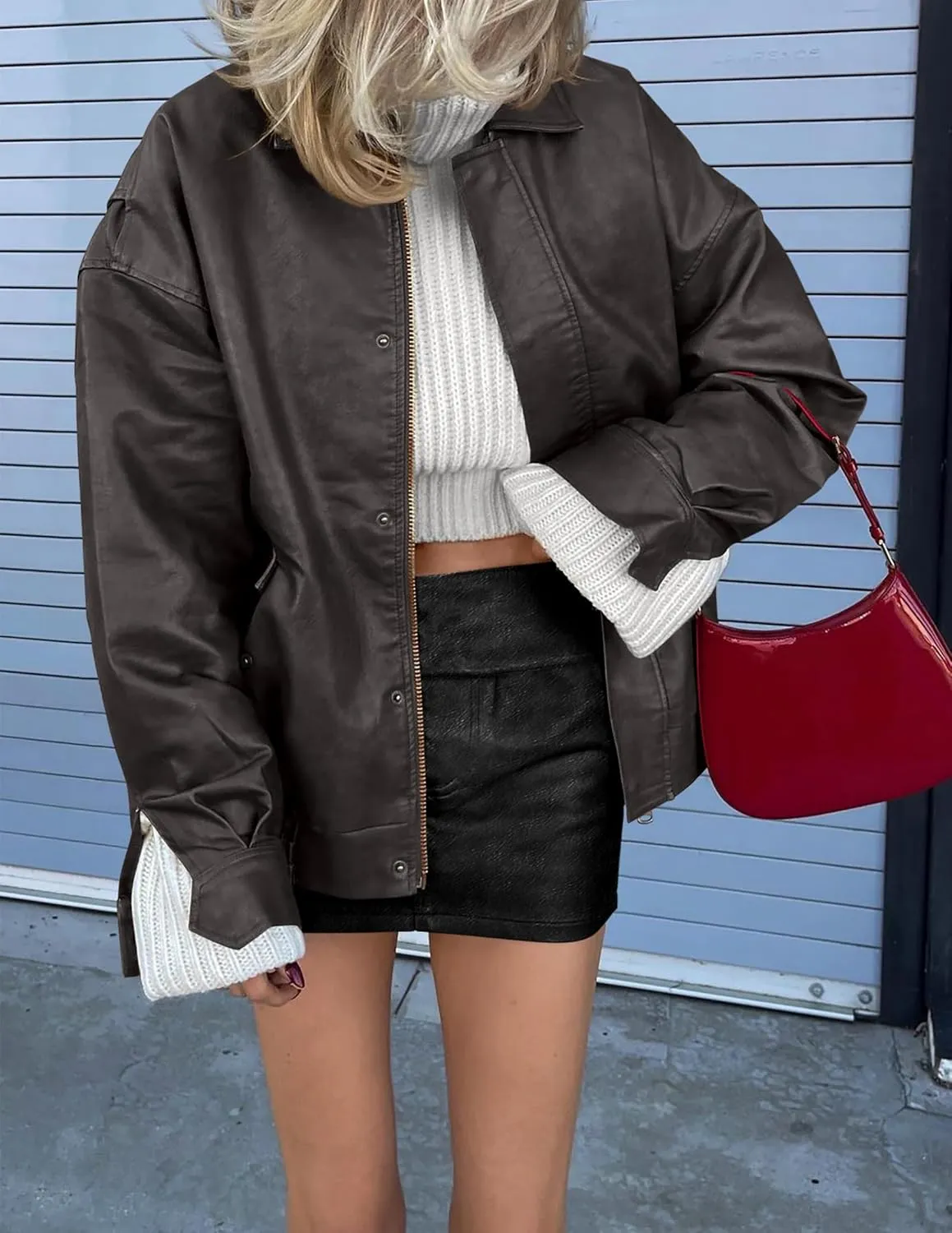 PRETTYGARDEN Women's Faux Leather Motorcycle Jacket Trendy Fall Spring Clothes Oversized Zip Up Winter Coat Outerwear