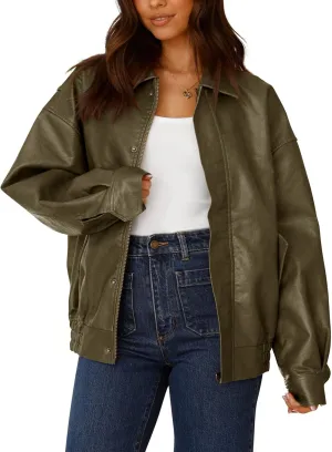 PRETTYGARDEN Women's Faux Leather Motorcycle Jacket Trendy Fall Spring Clothes Oversized Zip Up Winter Coat Outerwear