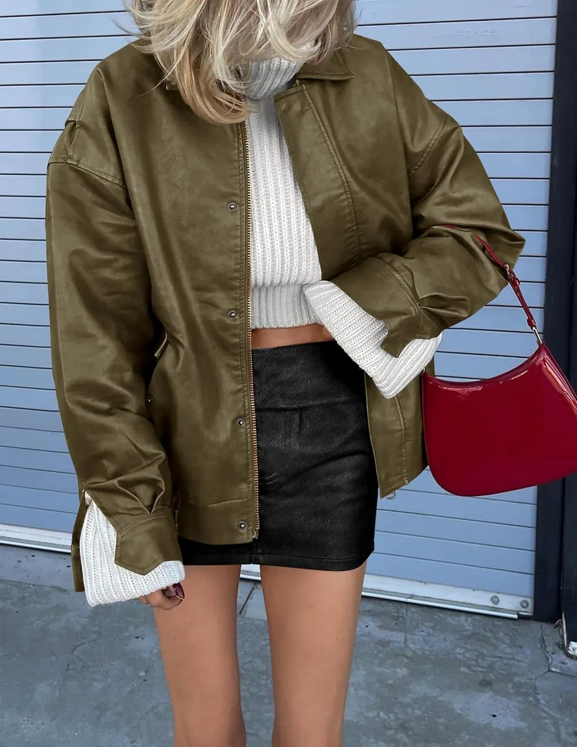 PRETTYGARDEN Women's Faux Leather Motorcycle Jacket Trendy Fall Spring Clothes Oversized Zip Up Winter Coat Outerwear
