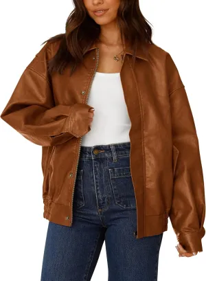 PRETTYGARDEN Women's Faux Leather Motorcycle Jacket Trendy Fall Spring Clothes Oversized Zip Up Winter Coat Outerwear