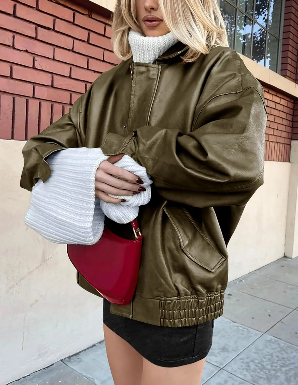PRETTYGARDEN Women's Faux Leather Motorcycle Jacket Trendy Fall Spring Clothes Oversized Zip Up Winter Coat Outerwear