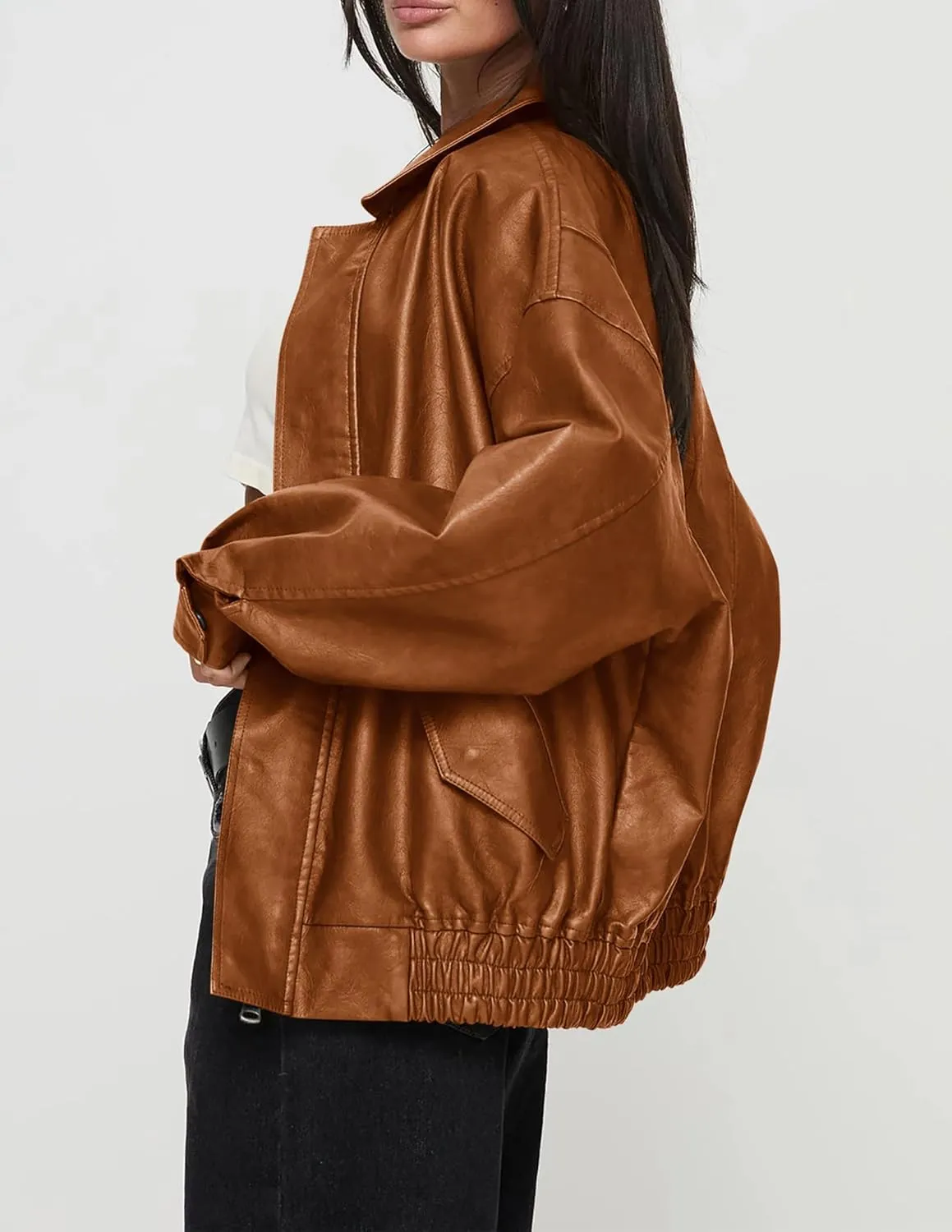 PRETTYGARDEN Women's Faux Leather Motorcycle Jacket Trendy Fall Spring Clothes Oversized Zip Up Winter Coat Outerwear