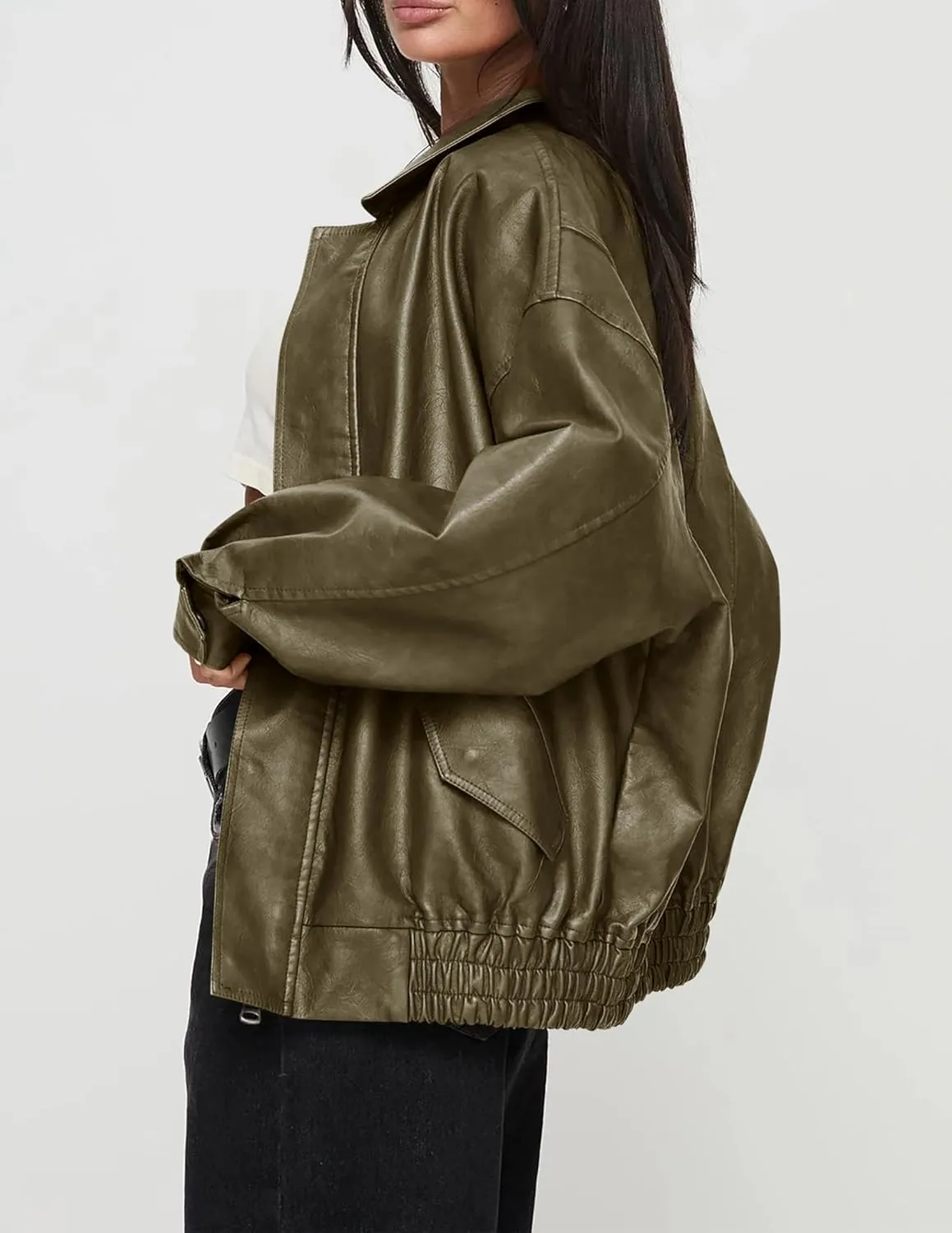 PRETTYGARDEN Women's Faux Leather Motorcycle Jacket Trendy Fall Spring Clothes Oversized Zip Up Winter Coat Outerwear