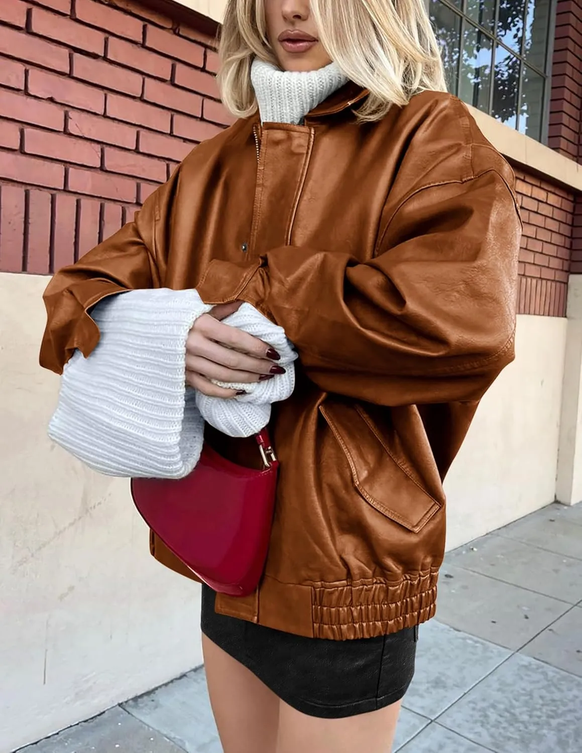 PRETTYGARDEN Women's Faux Leather Motorcycle Jacket Trendy Fall Spring Clothes Oversized Zip Up Winter Coat Outerwear
