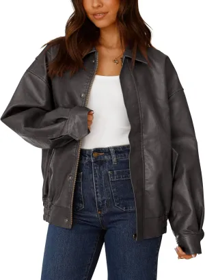 PRETTYGARDEN Women's Faux Leather Motorcycle Jacket Trendy Fall Spring Clothes Oversized Zip Up Winter Coat Outerwear