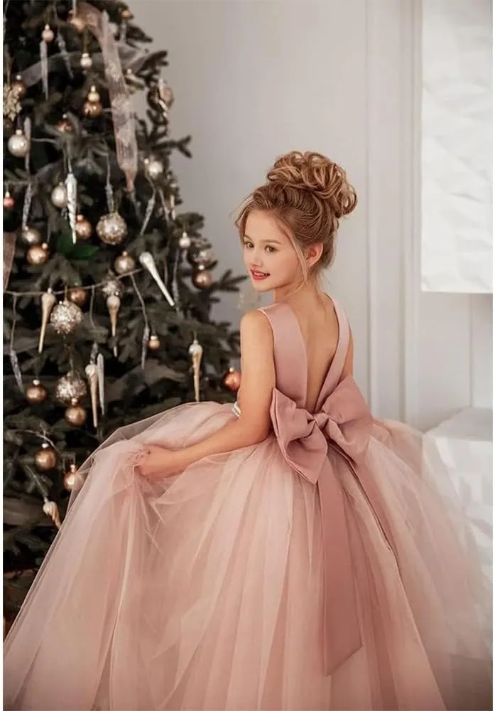 Princess Flower Girl Dress Round Neck Floor Length Pageant Dresses Ball Gown for Girls with Pearls and Bow-Knot