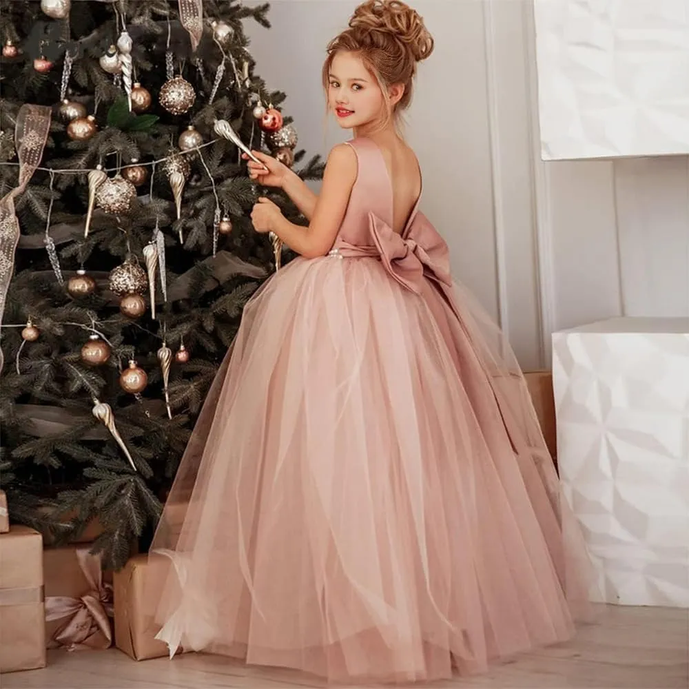 Princess Flower Girl Dress Round Neck Floor Length Pageant Dresses Ball Gown for Girls with Pearls and Bow-Knot