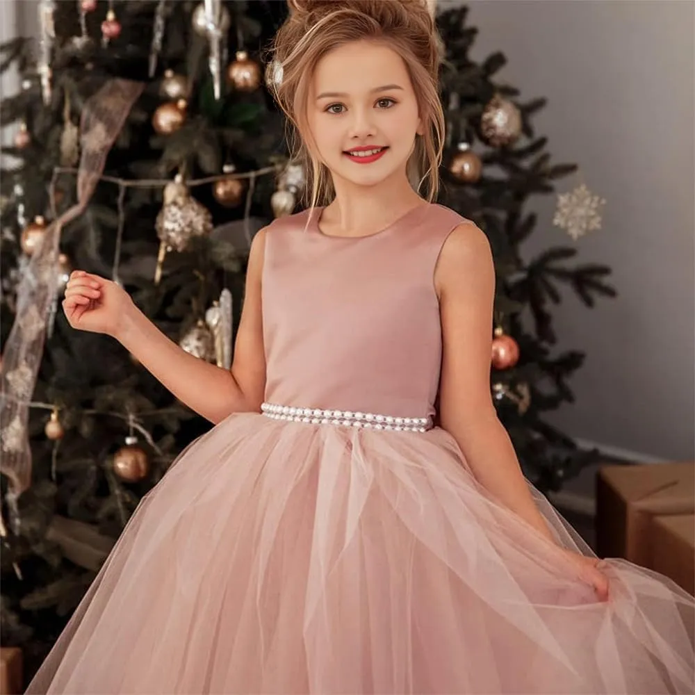 Princess Flower Girl Dress Round Neck Floor Length Pageant Dresses Ball Gown for Girls with Pearls and Bow-Knot