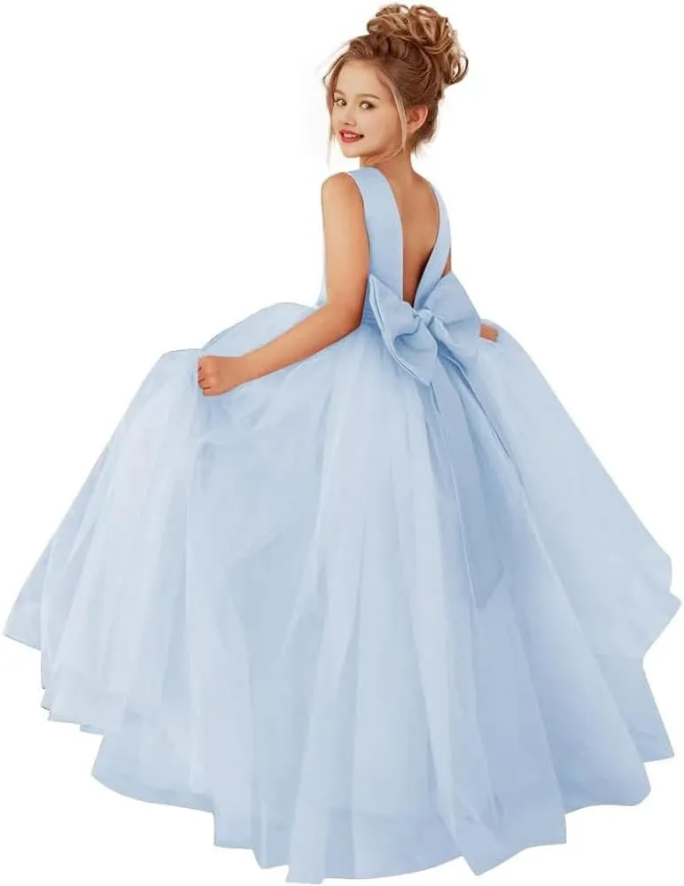 Princess Flower Girl Dress Round Neck Floor Length Pageant Dresses Ball Gown for Girls with Pearls and Bow-Knot
