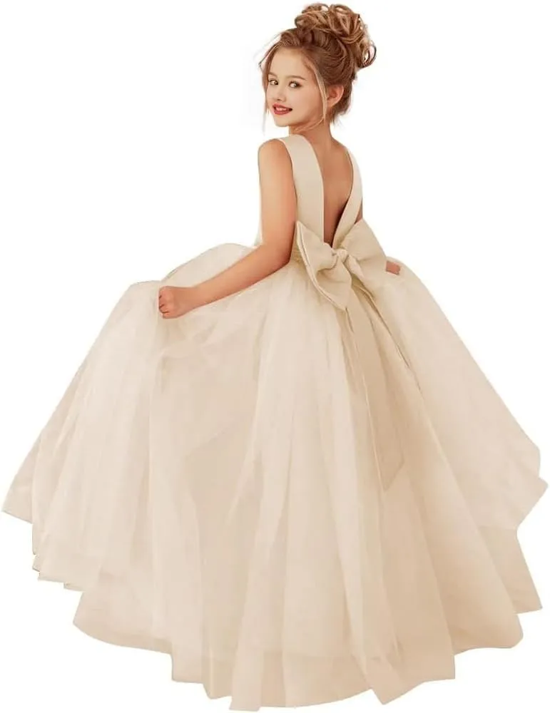 Princess Flower Girl Dress Round Neck Floor Length Pageant Dresses Ball Gown for Girls with Pearls and Bow-Knot