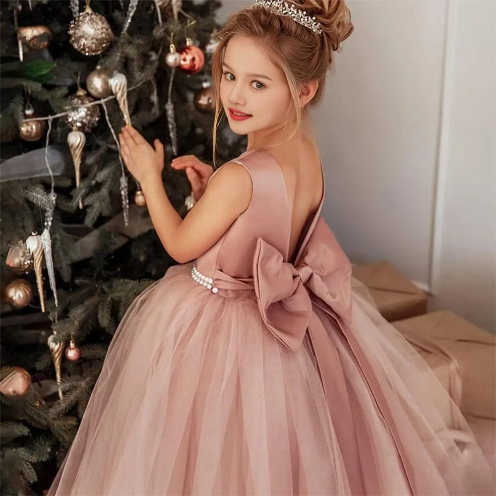 Princess Flower Girl Dress Round Neck Floor Length Pageant Dresses Ball Gown for Girls with Pearls and Bow-Knot