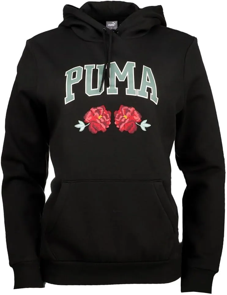 Puma Womens Faux Embroidered Floral Hoodie Casual Outerwear Casual Drawstring - Black - Size L