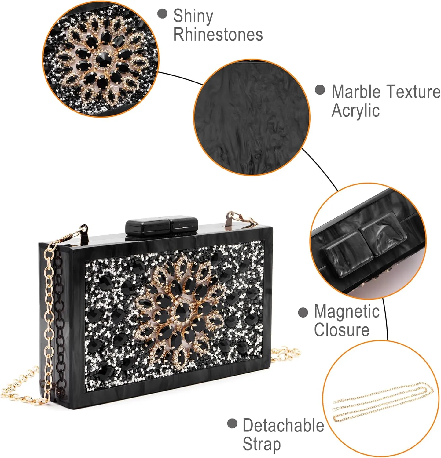 Purse for Women Rhinestones Clutch Bag Acrylic Evening Bag for Wedding Party Shoulder Crossbody Bag with Chain Strap