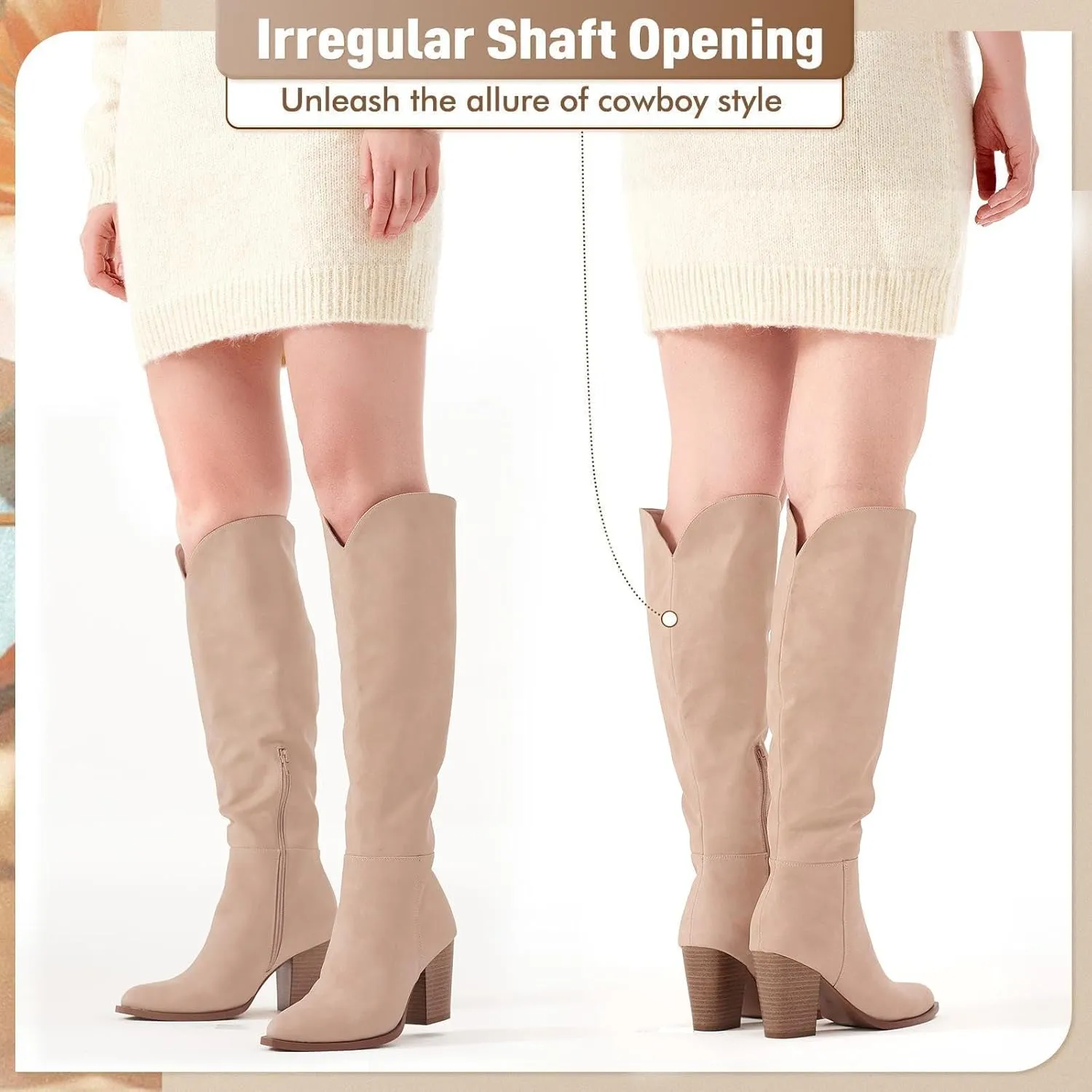 Putu Women's Knee High Boots High Heel Western Boots Pointed Toe Tall Boots Faux Leather
