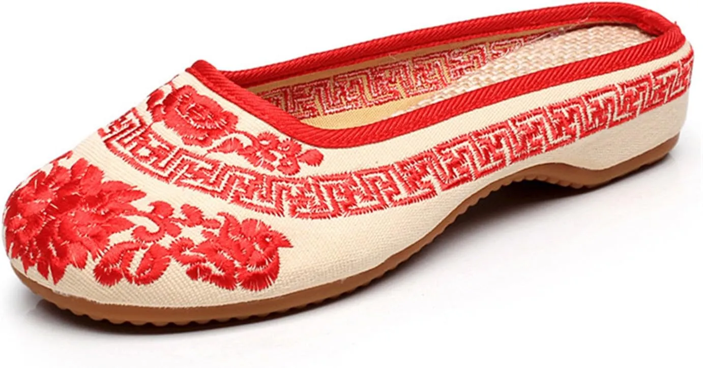 Qhome Womens Chinese Style Embroidery Round Toe Casual Walking Household Canvas Slippers