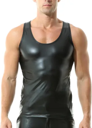 QiaTi Men's Faux Leather Undershirt Slim Fit Sleeveless Tank Top Nightclub Party Round Neck Shirts Muscle Top T-Shirts