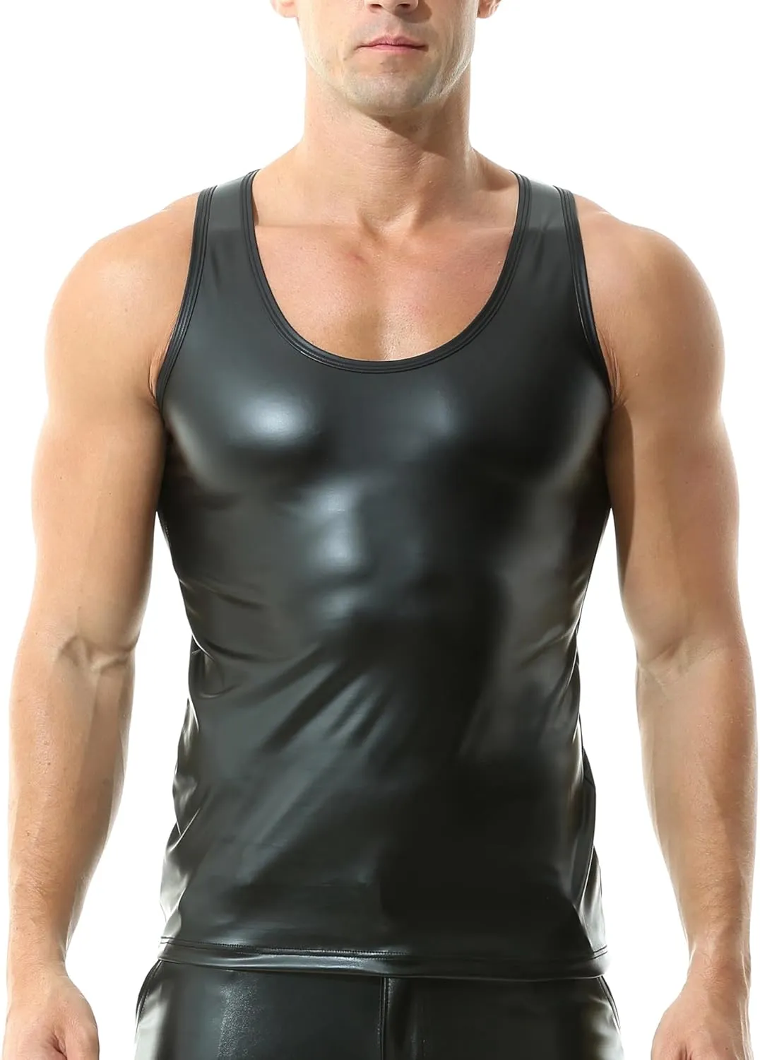 QiaTi Men's Faux Leather Undershirt Slim Fit Sleeveless Tank Top Nightclub Party Round Neck Shirts Muscle Top T-Shirts