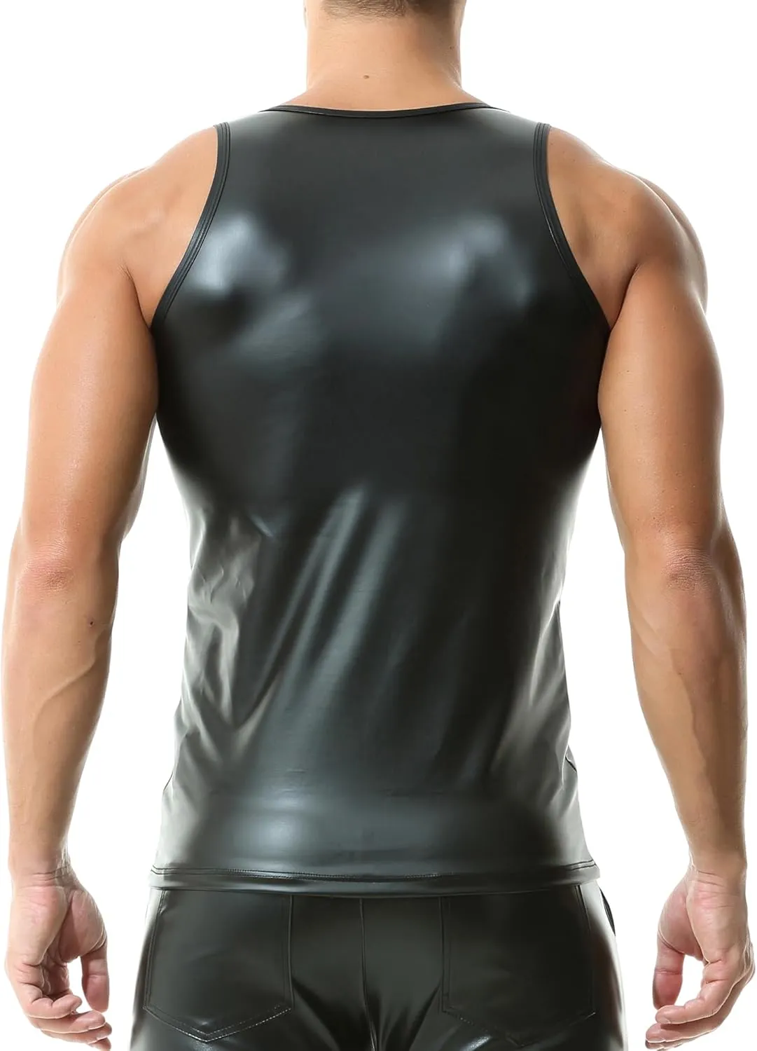 QiaTi Men's Faux Leather Undershirt Slim Fit Sleeveless Tank Top Nightclub Party Round Neck Shirts Muscle Top T-Shirts