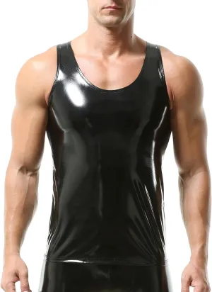 QiaTi Men's Faux Leather Undershirt Slim Fit Sleeveless Tank Top Nightclub Party Round Neck Shirts Muscle Top T-Shirts