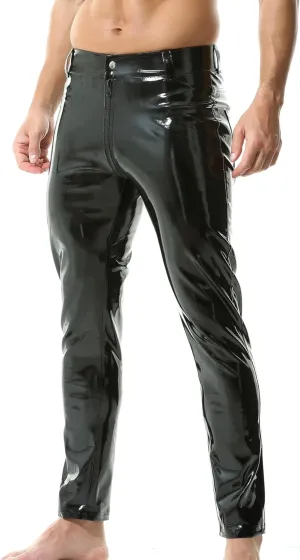 QiaTi Mens Skinny Pants Faux Leather Open Crotch Trousers with Bulge Pouch