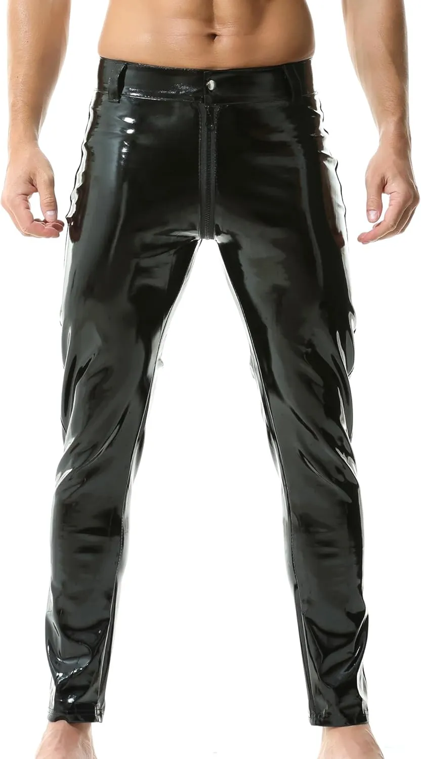QiaTi Mens Skinny Pants Faux Leather Open Crotch Trousers with Bulge Pouch