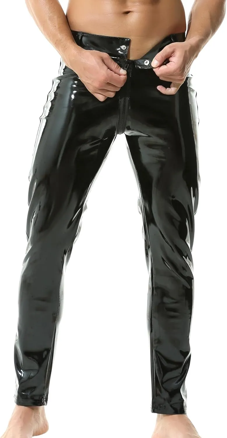 QiaTi Mens Skinny Pants Faux Leather Open Crotch Trousers with Bulge Pouch