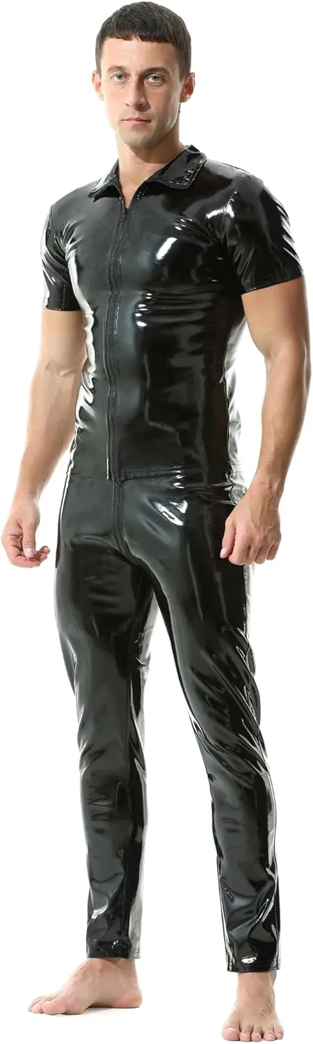 QiaTi Mens Skinny Pants Faux Leather Open Crotch Trousers with Bulge Pouch