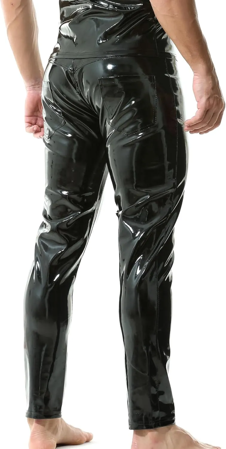 QiaTi Mens Skinny Pants Faux Leather Open Crotch Trousers with Bulge Pouch