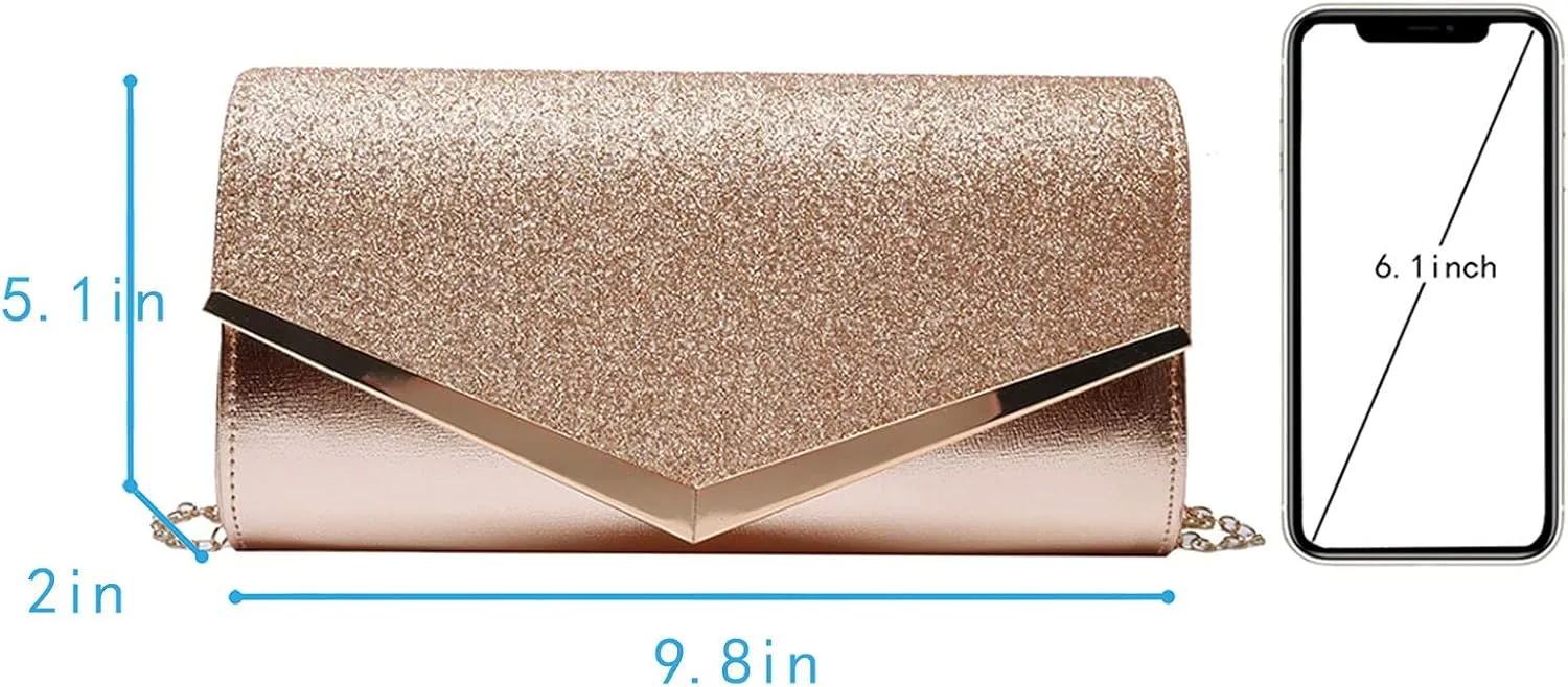 Queena Womens Shiny Glitter Evening Clutch Envelope Handbag Chain Purse for Wedding Party Prom Gift for Mom Wife Girlfriend