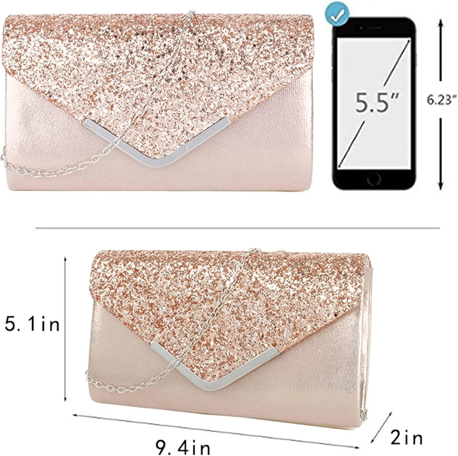 Queena Womens Shiny Glitter Evening Clutch Envelope Handbag Chain Purse for Wedding Party Prom Gift for Mom Wife Girlfriend