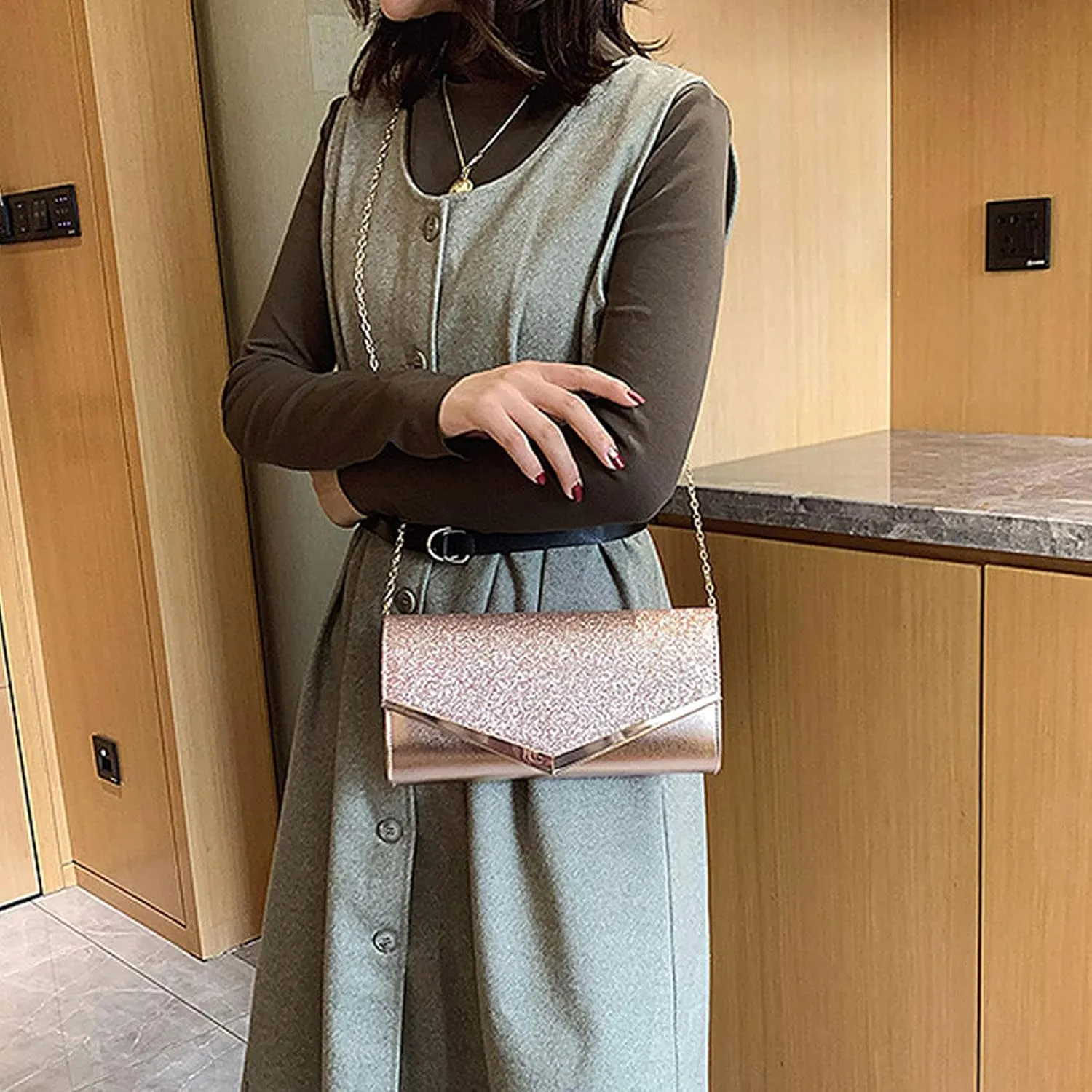 Queena Womens Shiny Glitter Evening Clutch Envelope Handbag Chain Purse for Wedding Party Prom Gift for Mom Wife Girlfriend