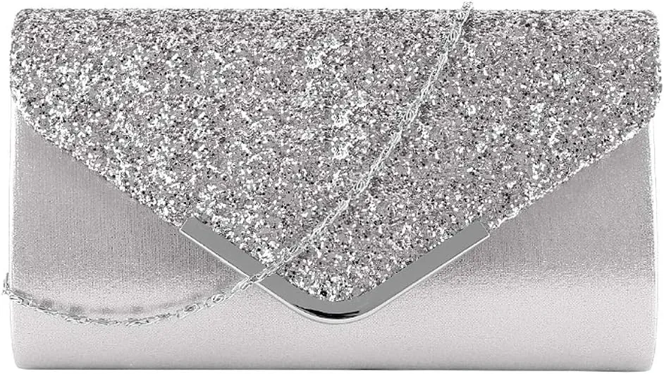 Queena Womens Shiny Glitter Evening Clutch Envelope Handbag Chain Purse for Wedding Party Prom Gift for Mom Wife Girlfriend