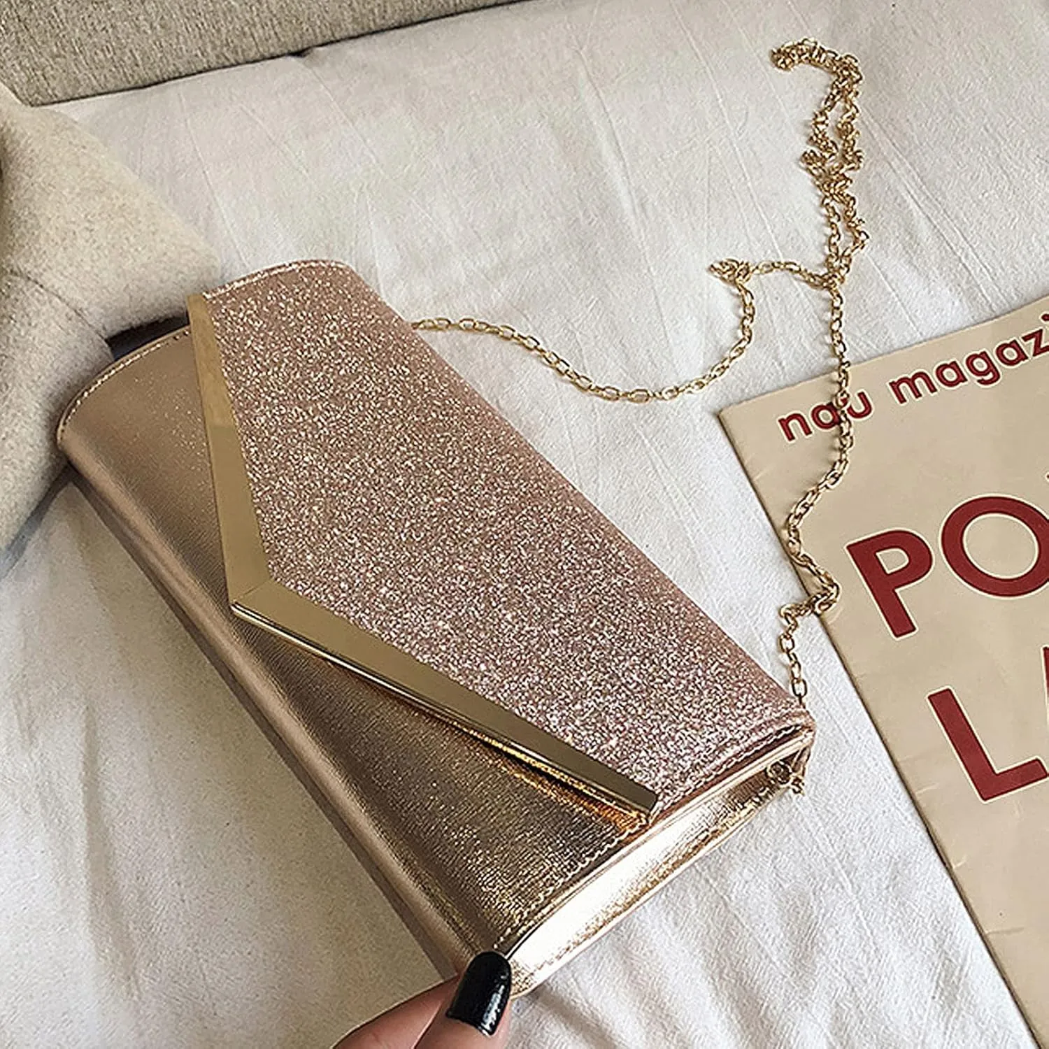 Queena Womens Shiny Glitter Evening Clutch Envelope Handbag Chain Purse for Wedding Party Prom Gift for Mom Wife Girlfriend
