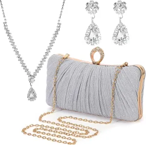 Quelay 3 Pcs Clutch Purse Jewelry Sets Glitter Clutch Purse Evening Bag Handbag for Women Wedding Party