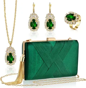 Quelay 4 Pcs Women Satin Clutch Purse Handbag Evening Bag for Wedding Banquet Handbag Vintage Necklace Earrings Jewelry Set