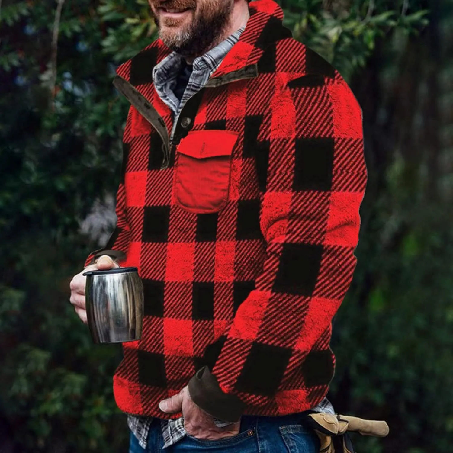 Quilted Lined Flannel Shirt Jacket for Men Hooded Zipper Pocket Long Sleeve Shirt Patchwork Flannel Shirt for Men