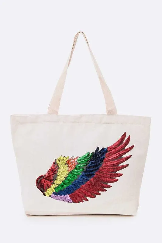 Rainbow Sequins Wing Patch Canvas Tote Bag
