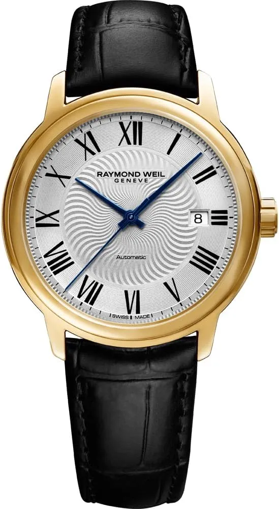 Raymond Weil Men's 'Maestro' Swiss Gold-Tone and Leather Automatic Watch, Color:Black (Model: 2237-PC-00659)