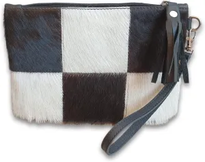 Real Cowhide Handbag Wristlet Clutch Purse Wallet Black Leather Lined Double Sided 9" x 6" | Cowhide Patchwork Clutch Purse