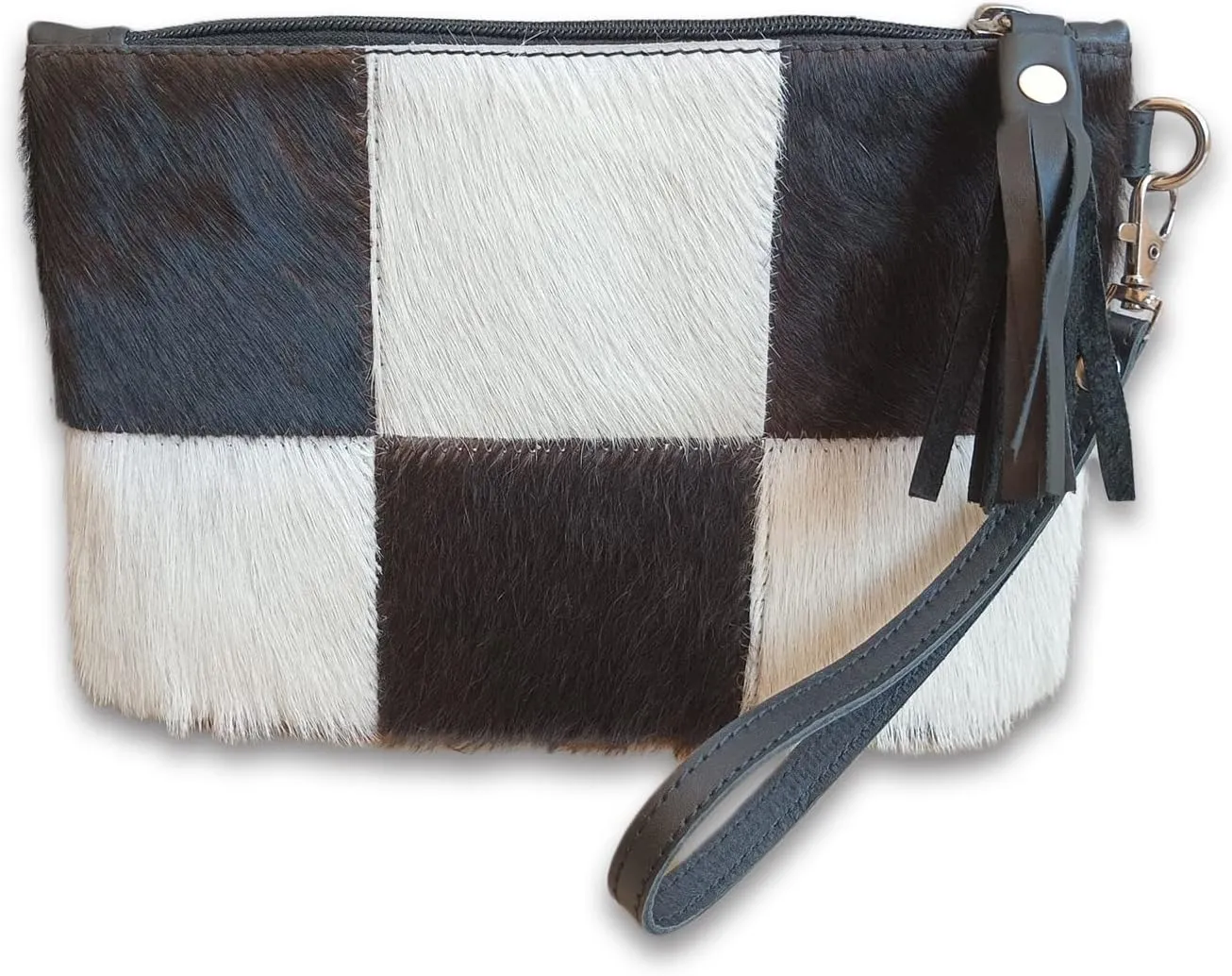 Real Cowhide Handbag Wristlet Clutch Purse Wallet Black Leather Lined Double Sided 9" x 6" | Cowhide Patchwork Clutch Purse