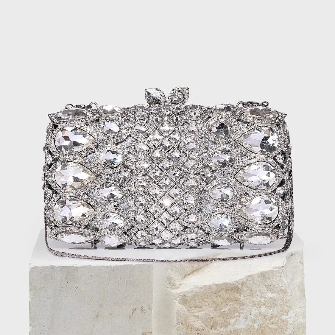 Reina Silver Rhinestones Crystal Clutch Bag