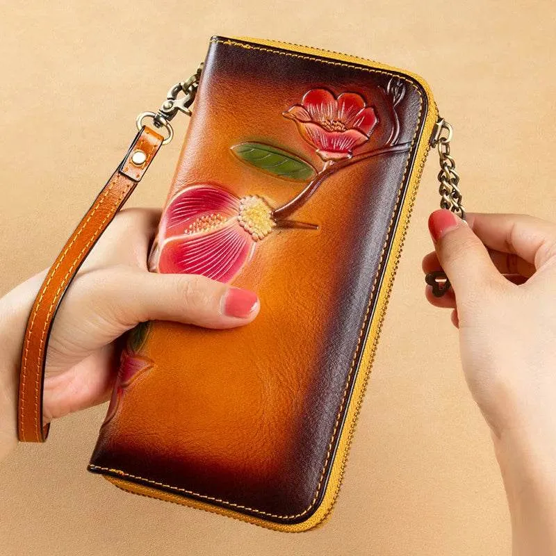 RFID Ladies Leather Wallet Top Layer Cowhide Zippered Clutch Bag