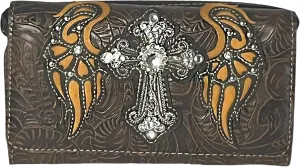 Rhinestone Cross Angelic Wings Women Crossbody Wristlet Wallet (Brown)