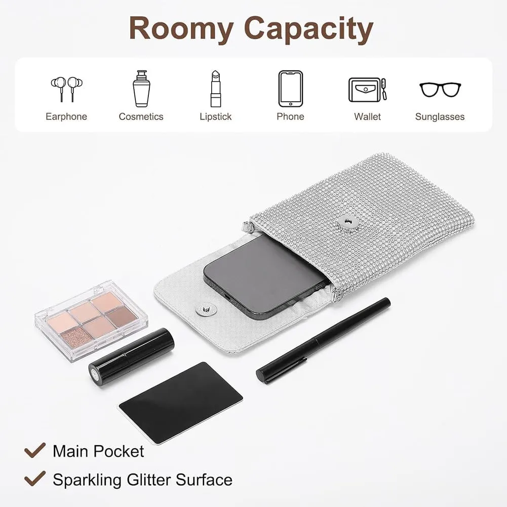 Rhinestone Crossbody Cell Phone Purse Wallet Clutch Crystal Evening Handbags Bling Shoulder Smart Phone Bag