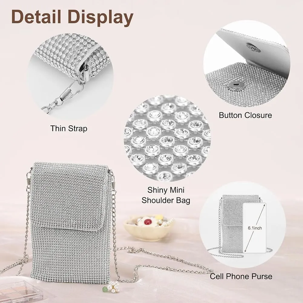Rhinestone Crossbody Cell Phone Purse Wallet Clutch Crystal Evening Handbags Bling Shoulder Smart Phone Bag