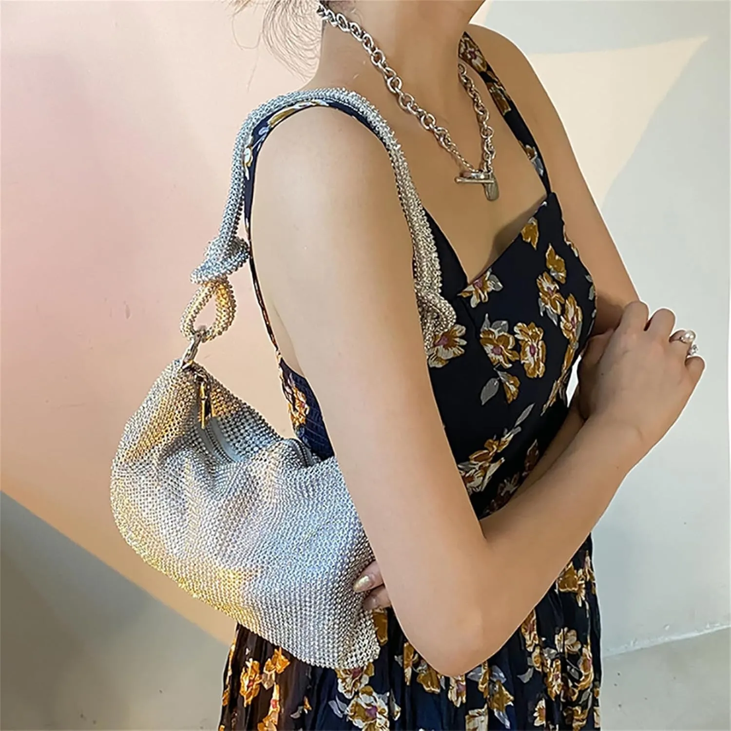 Rhinestone Purse Silver Sparkly Handbag Evening Glitter Clutch Bag for Women Shiny Bag for Wedding Prom and Party