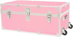 Rhino Trunk & Case Large Leather Embossed Vinyl Trunk With Removable Wheels, Summer Camp Footlocker, College Dorm Storage Chest, Sportsman Trunks - Seats 1000  lbs. On Top 32"x18"x14" (Pink)