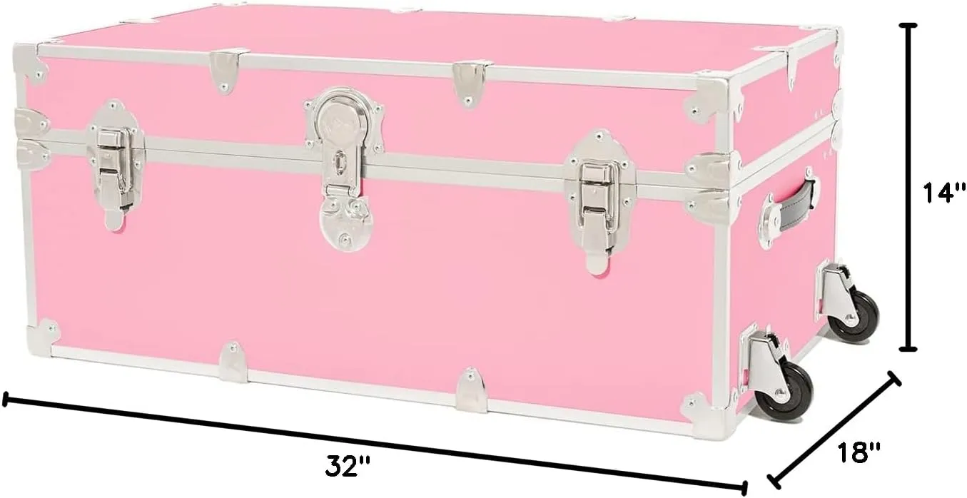 Rhino Trunk & Case Large Leather Embossed Vinyl Trunk With Removable Wheels, Summer Camp Footlocker, College Dorm Storage Chest, Sportsman Trunks - Seats 1000  lbs. On Top 32"x18"x14" (Pink)