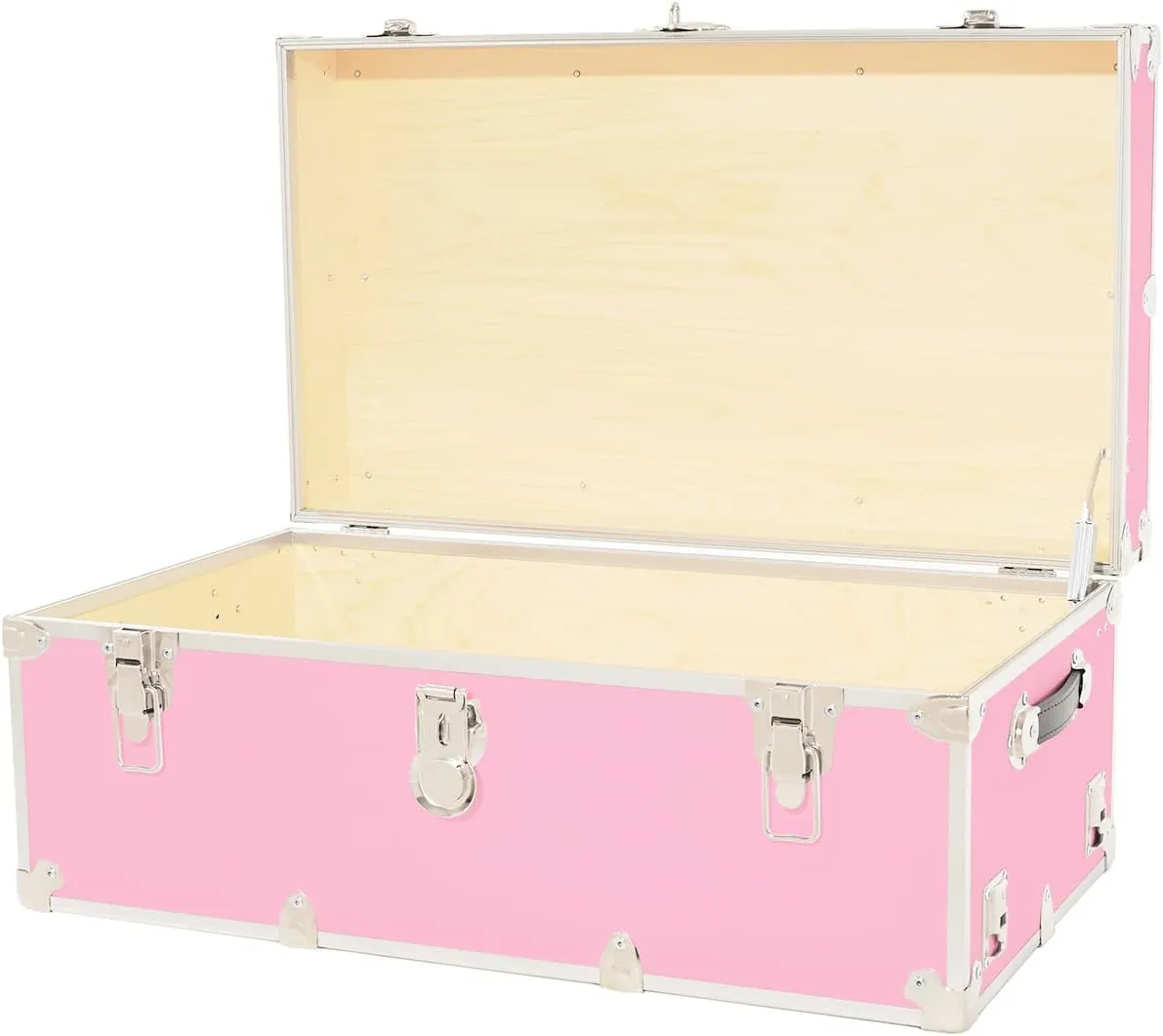 Rhino Trunk & Case Large Leather Embossed Vinyl Trunk With Removable Wheels, Summer Camp Footlocker, College Dorm Storage Chest, Sportsman Trunks - Seats 1000  lbs. On Top 32"x18"x14" (Pink)